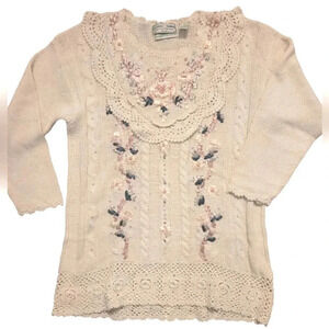 Vintage cream crochet lace pearls floral whimsy coquette cottagecore sweater M